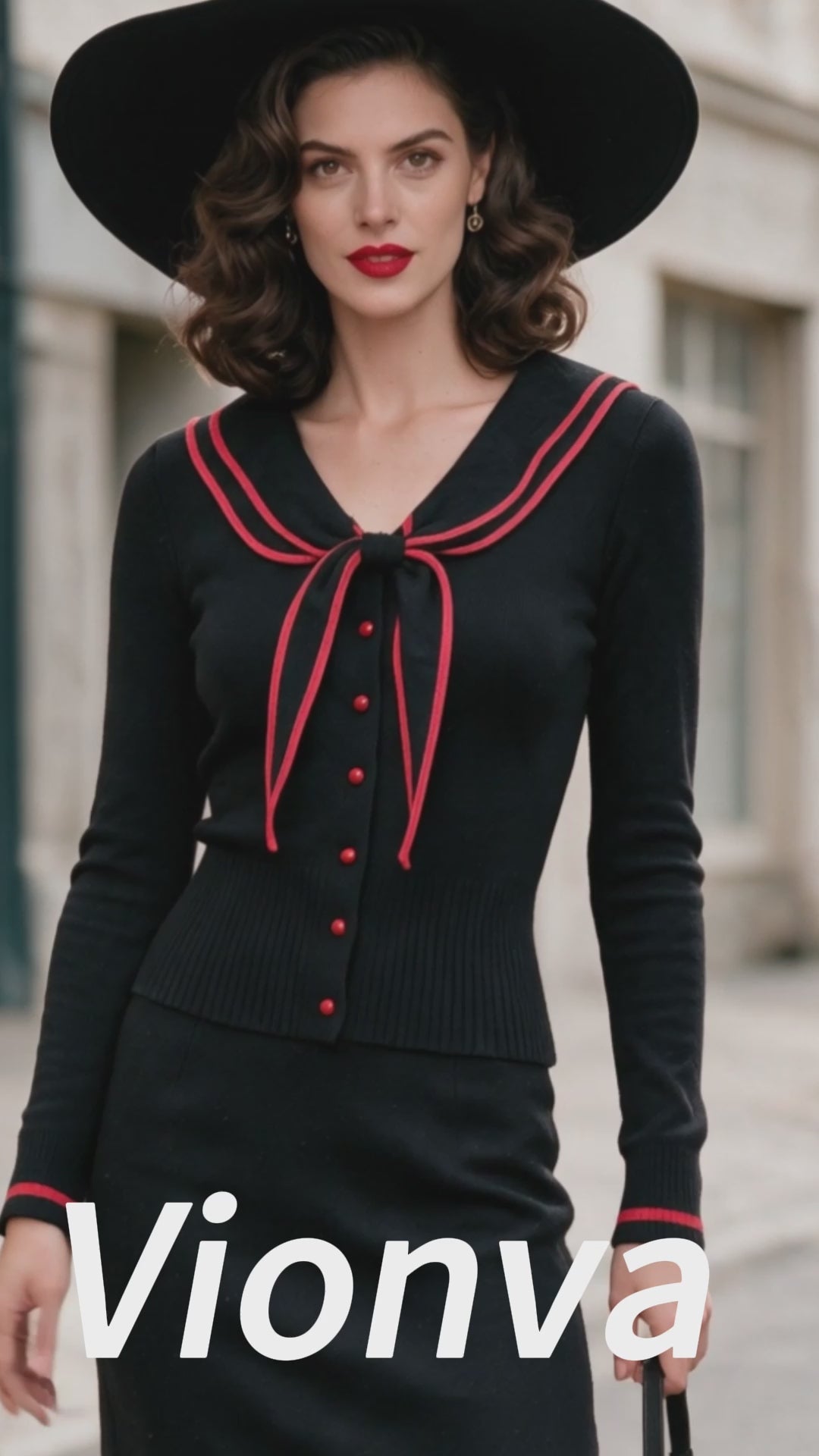 Vintage Black Red-Trim Sailor-Collar Bow Knit Cardigan