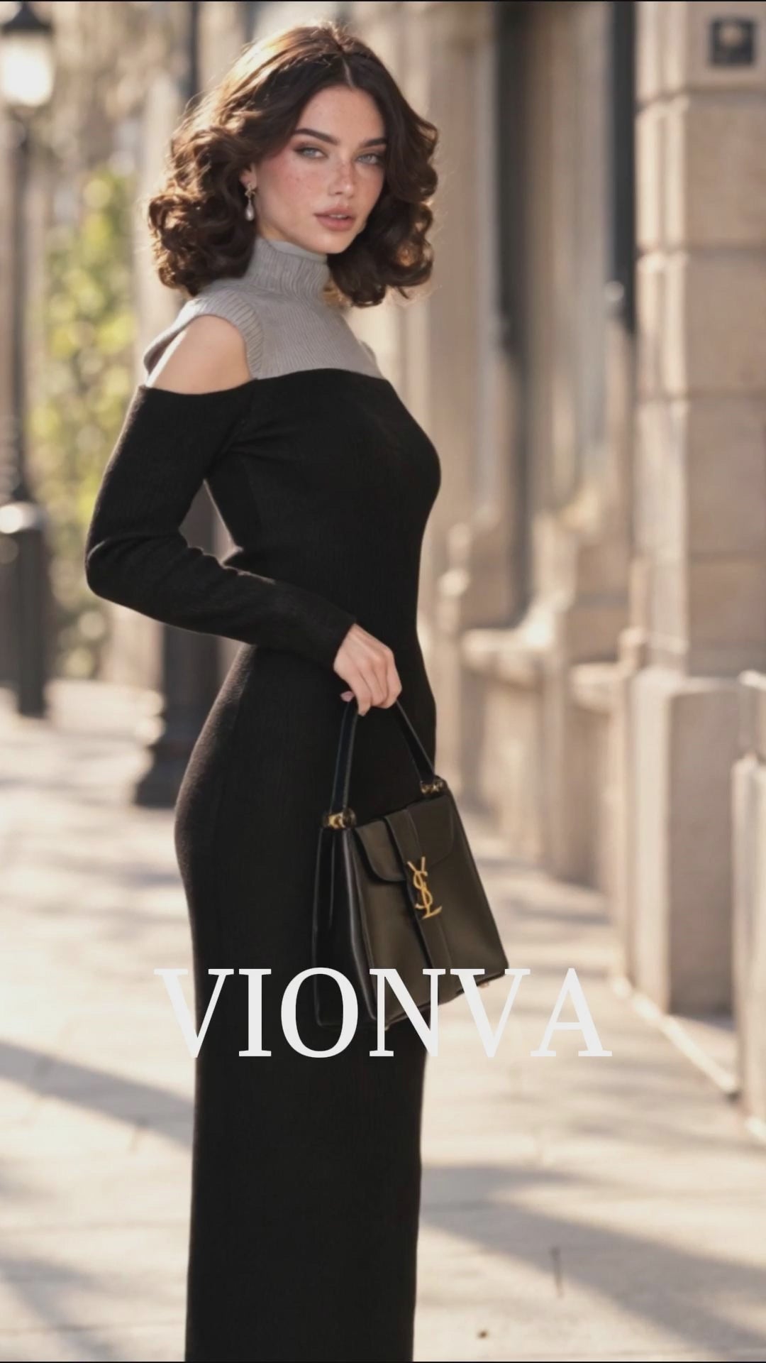 Vintage Color Block Knit Cold Shoulder Long Sleeve Midi Dress