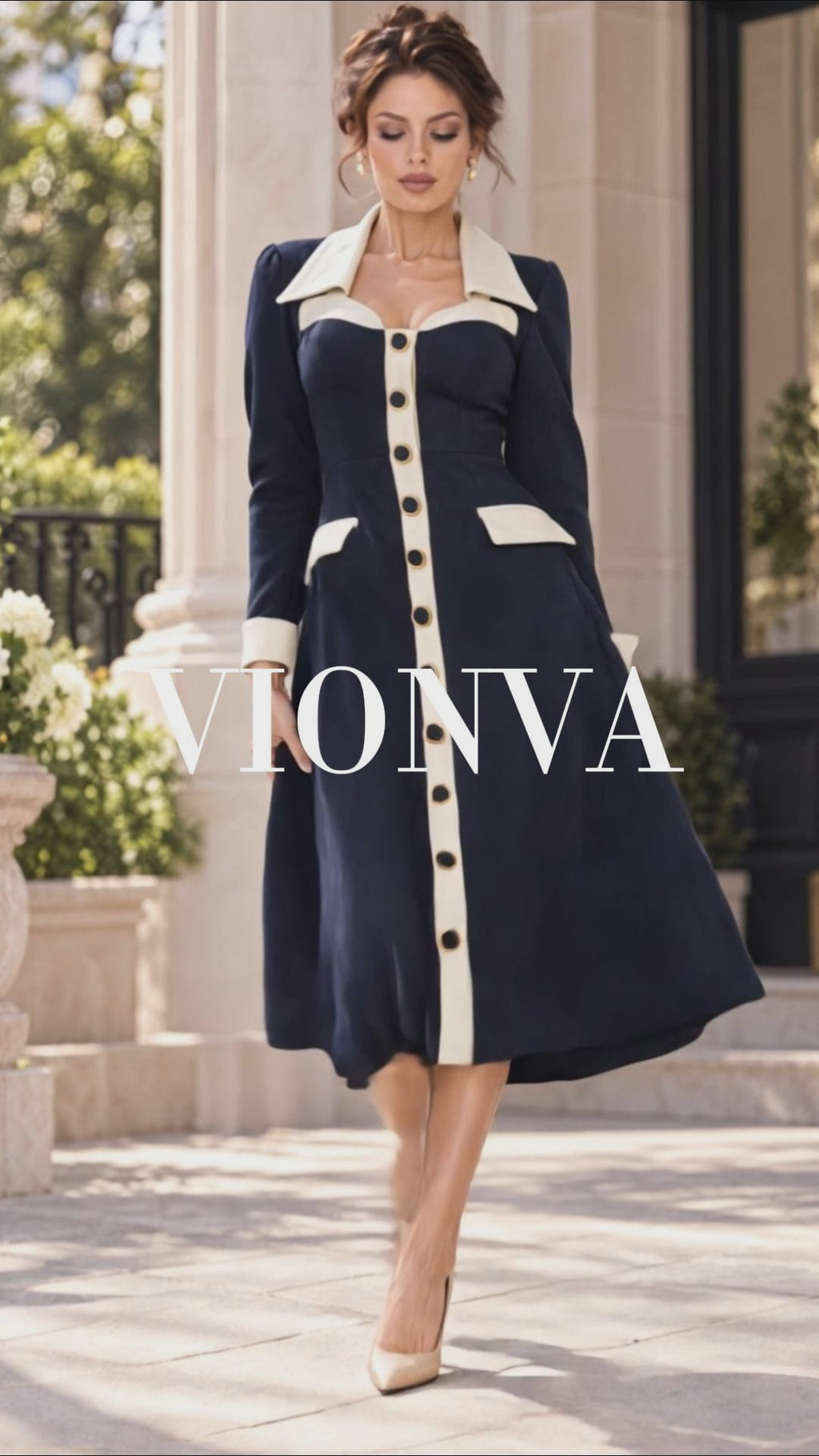 Retro Color‑Block Elegant Midi Dress