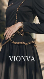 Vintage Leopard Trim Peplum Top & Midi A‑Line Skirt Two‑Piece Set