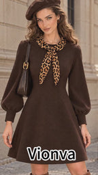 Vintage Brown Leopard Bow Collar Puff Sleeve Dress