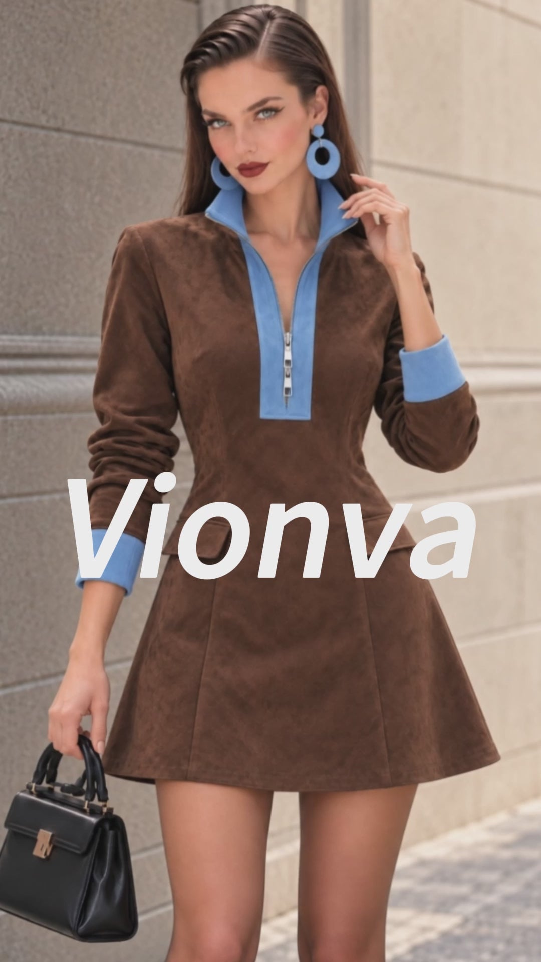 Vintage Contrast Half-Zip Faux Suede Flared Mini Dress