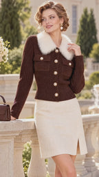 Vintage Faux Fur Collar Pearl Button Knit Jacket