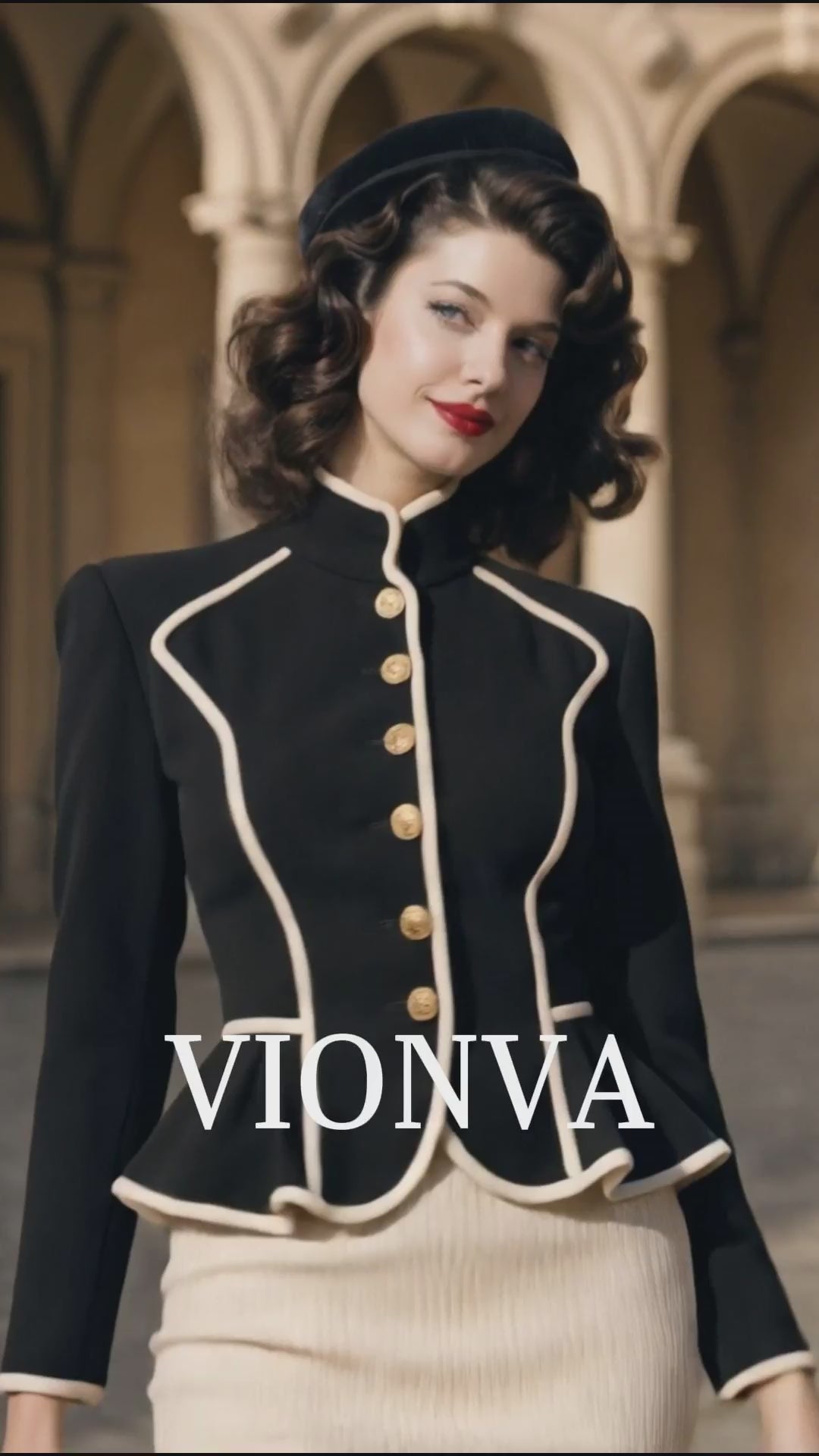Vintage Peplum Jacket Contrast Piping Stand Collar Gold Button Coat