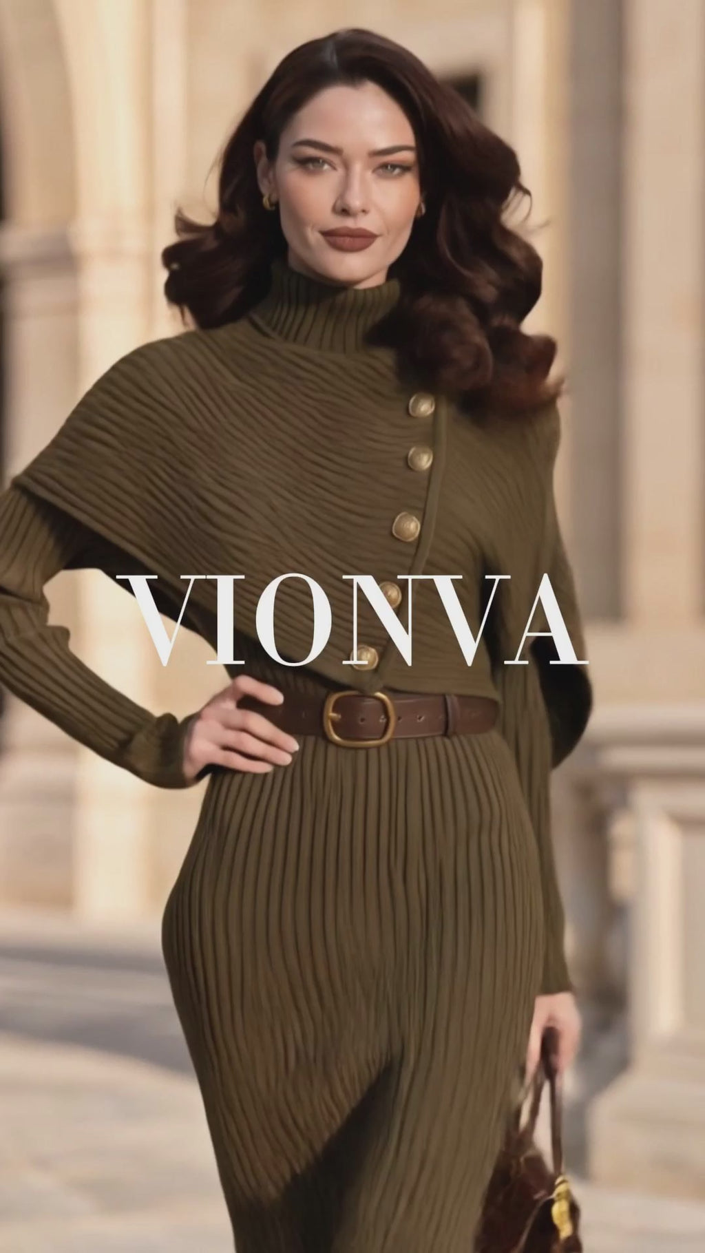 Vintage Cape Collar Ribbed Knit Midi Dress