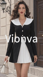 Vintage Pearl-Button Pleated-Inset Wool Mini Dress