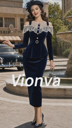 Vintage Navy Velvet Lace Cold-Shoulder Peplum Dress Set