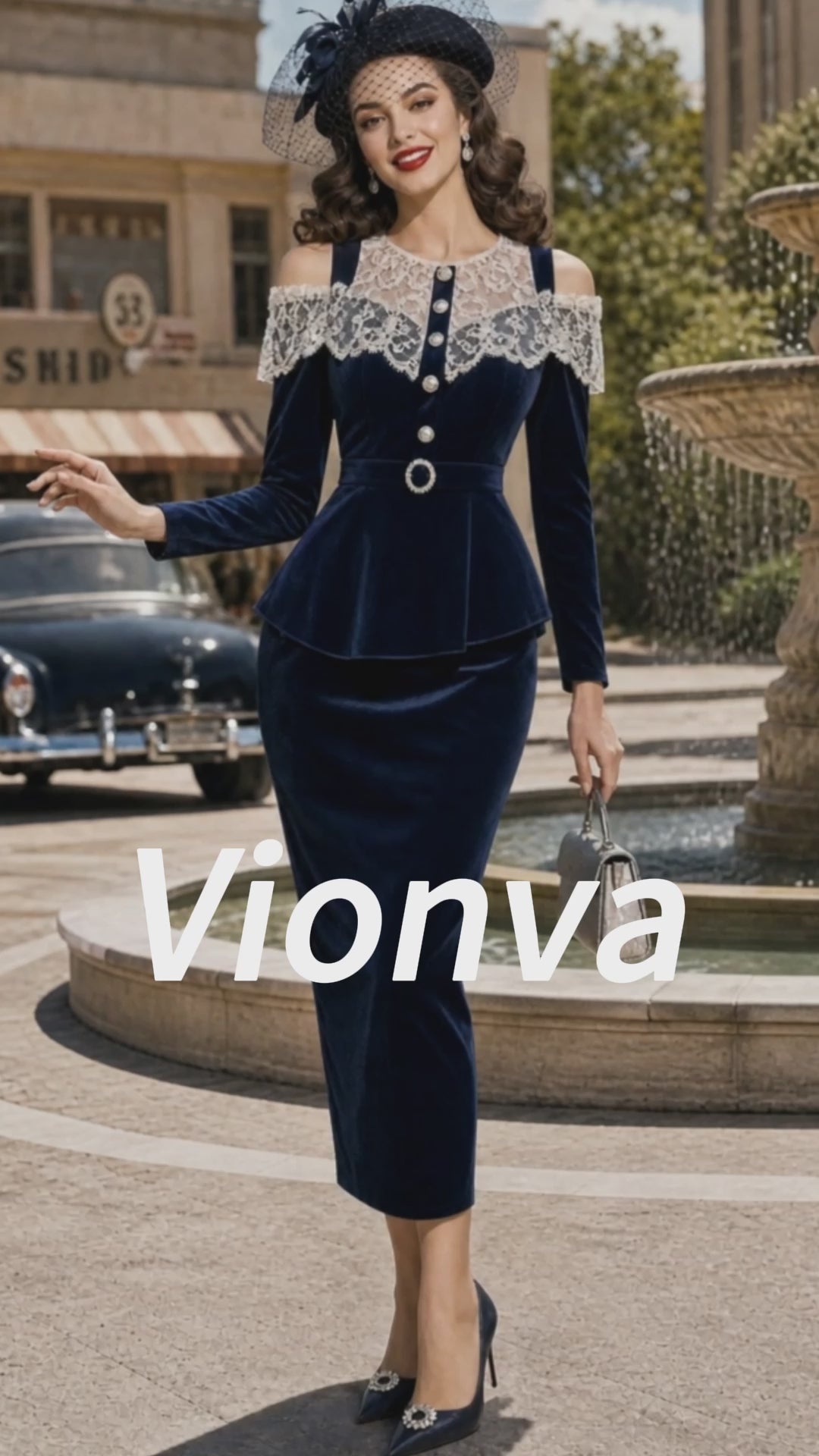 Vintage Navy Velvet Lace Cold-Shoulder Peplum Dress Set