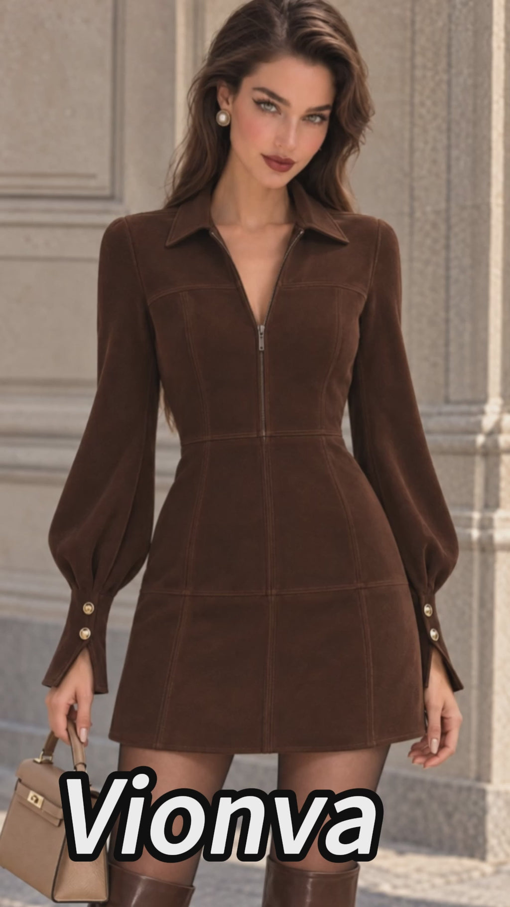 Vintage Brown Faux Suede Zip Front Mini Dress