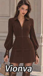 Vintage Brown Faux Suede Zip Front Mini Dress