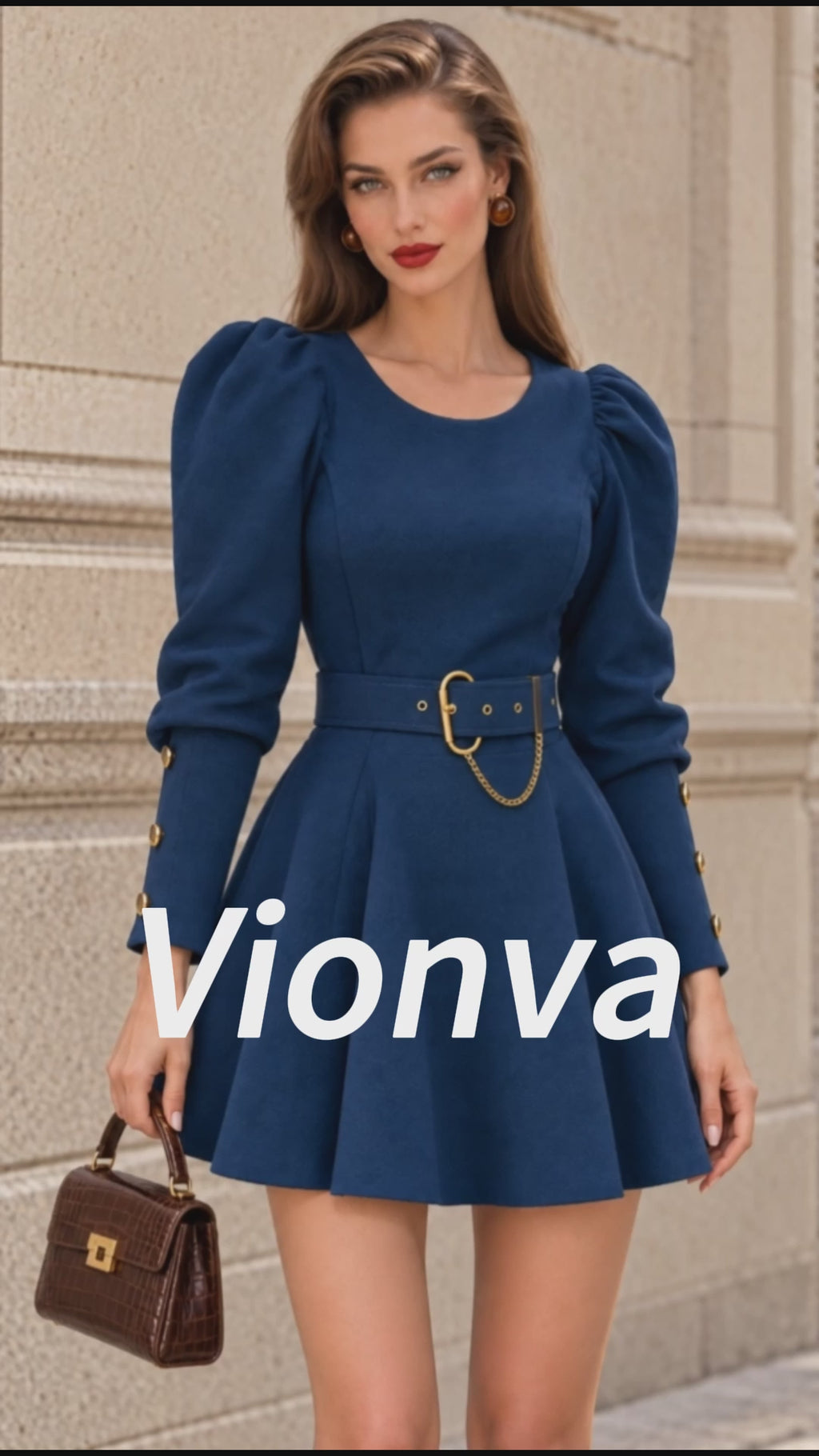 Vintage Belted Puff Sleeve Mini Dress
