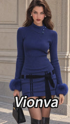 Vintage Blue Ribbed Knit Faux Fur Cuff Dress