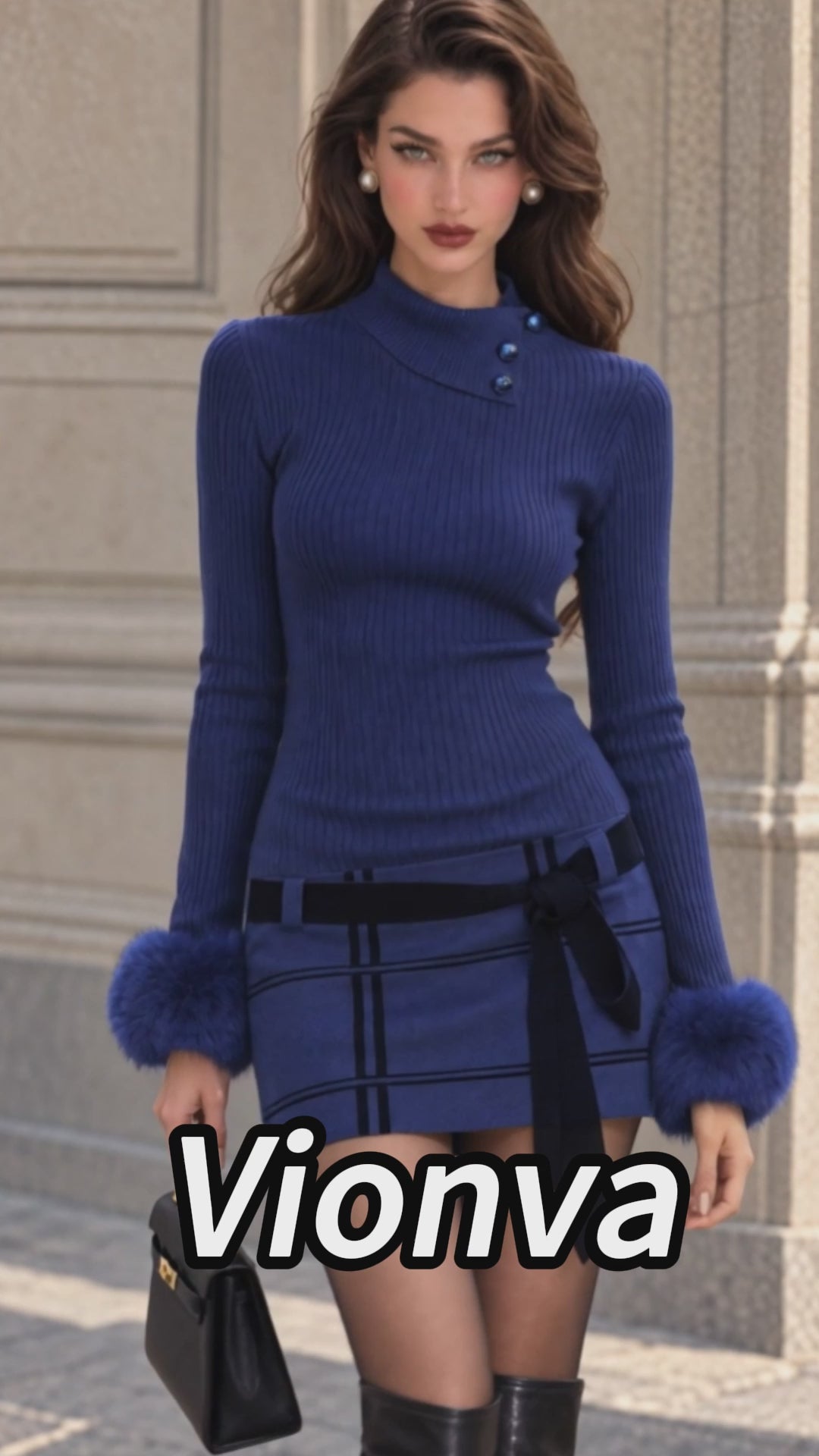 Vintage Blue Ribbed Knit Faux Fur Cuff Dress