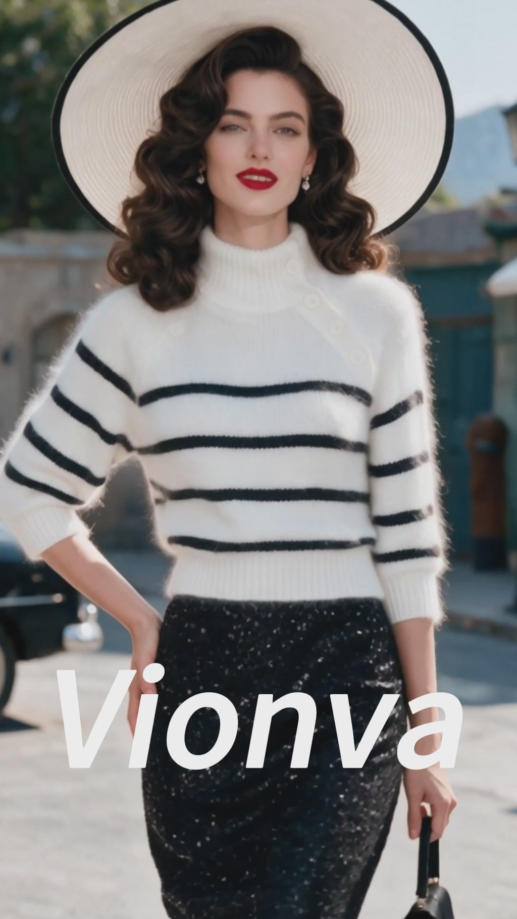 Vintage White Black Striped Button-Neck Fuzzy Knit Sweater