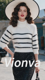 Vintage White Black Striped Button-Neck Fuzzy Knit Sweater