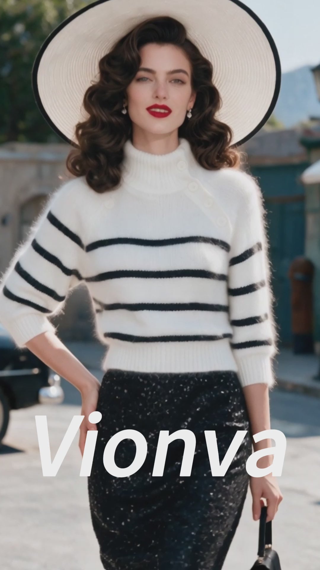 Vintage White Black Striped Button-Neck Fuzzy Knit Sweater