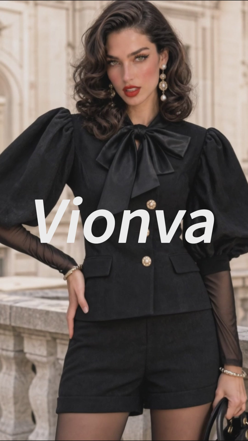 Vintage Bow-Tie Puff-Sleeve Jacket Shorts Set