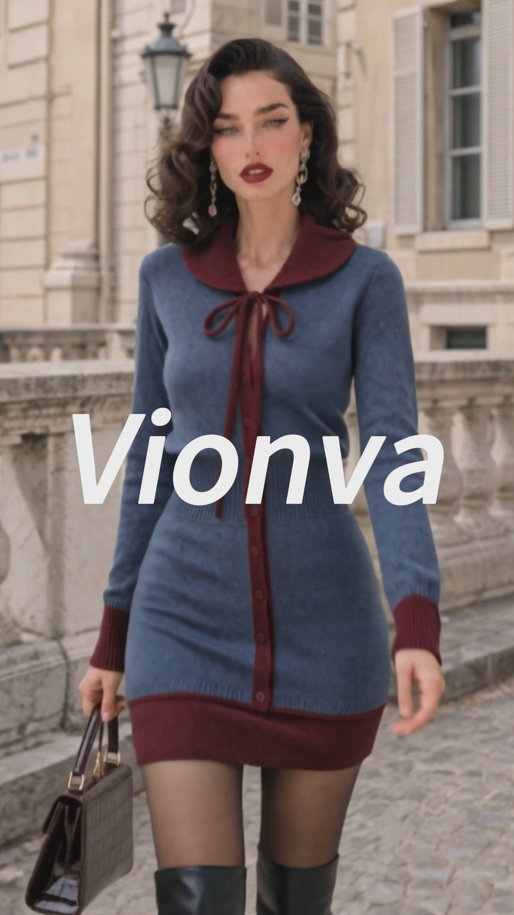 Vintage Contrast Bow-Collar Buttoned Knit Dress