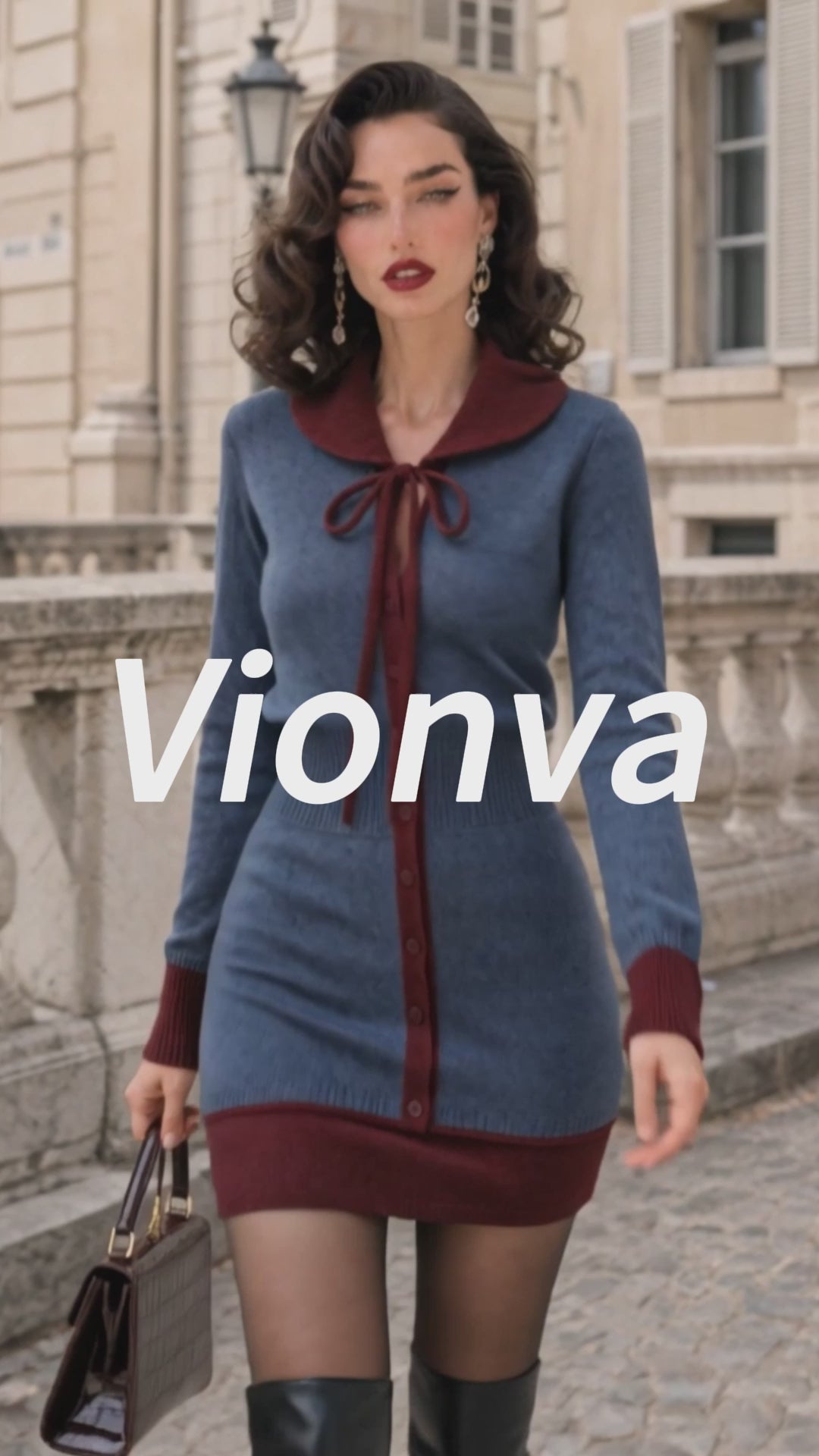 Vintage Contrast Bow-Collar Buttoned Knit Dress