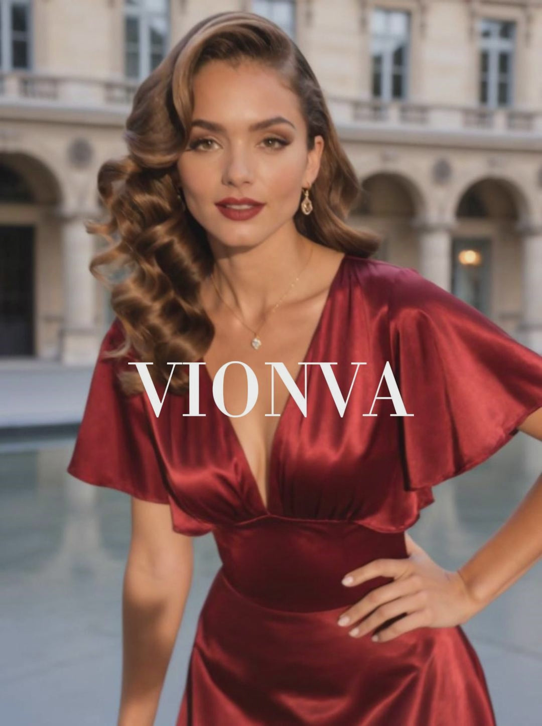 Vintage Burgundy Satin Swing Midi Formal Dress