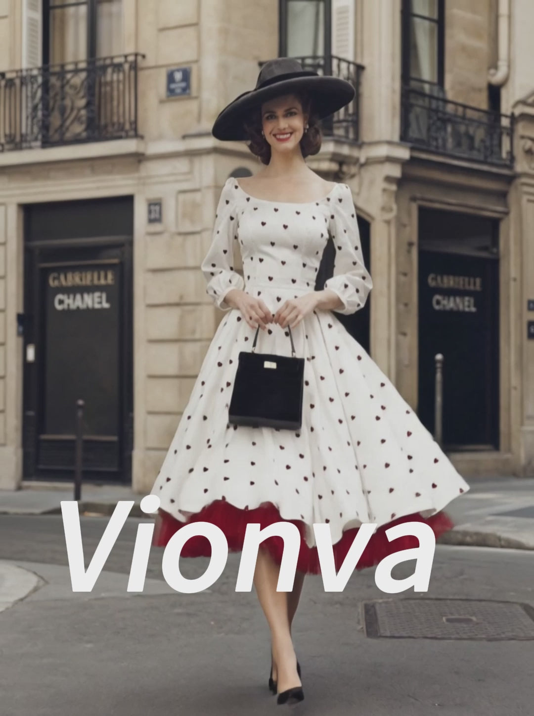 Vintage Ivory Heart-Print Scoop-Neck A-Line Midi Dress