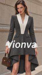 Vintage Contrast Lapel High-Low Midi Dress