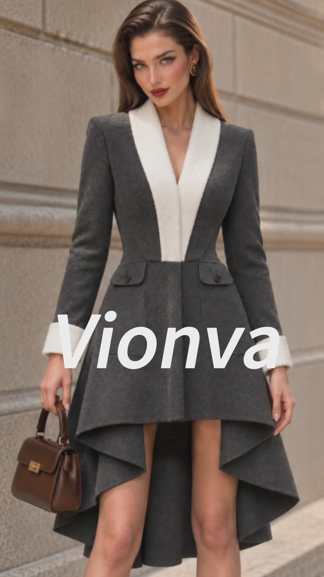 Vintage Contrast Lapel High-Low Midi Dress