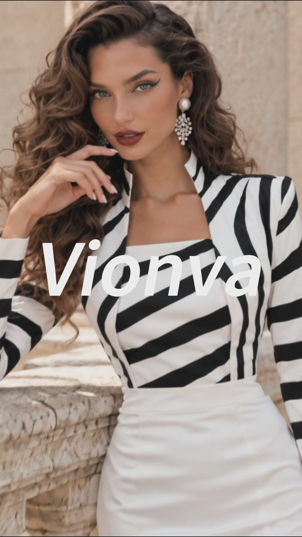 Vintage Striped Stand-Collar Split Pencil Midi Dress