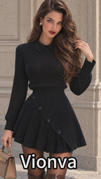 Vintage Black Ribbed Knit Collar Button Mini Dress