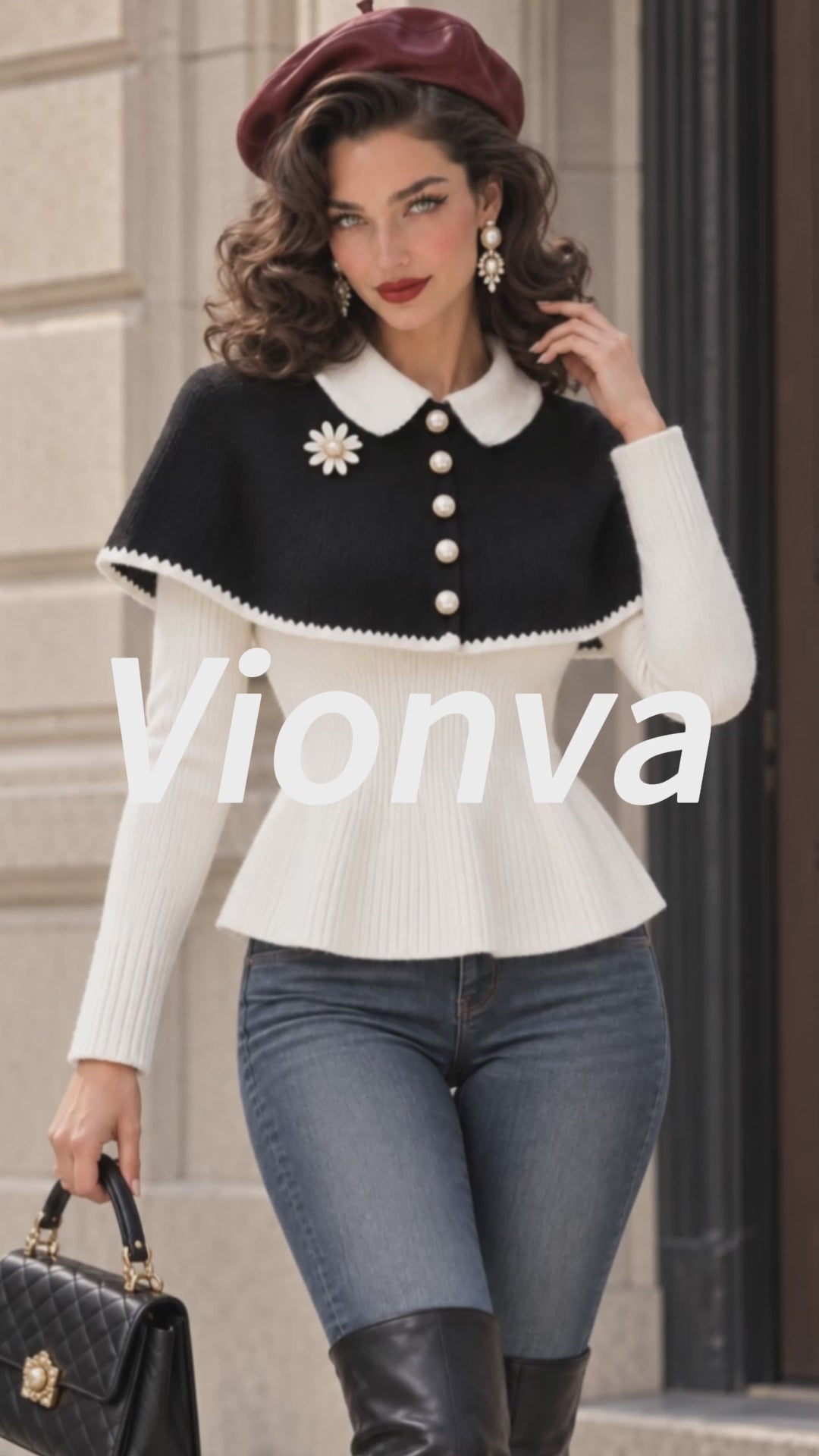 Vintage Colorblock Cape-Collar Pearl-Button Peplum Sweater