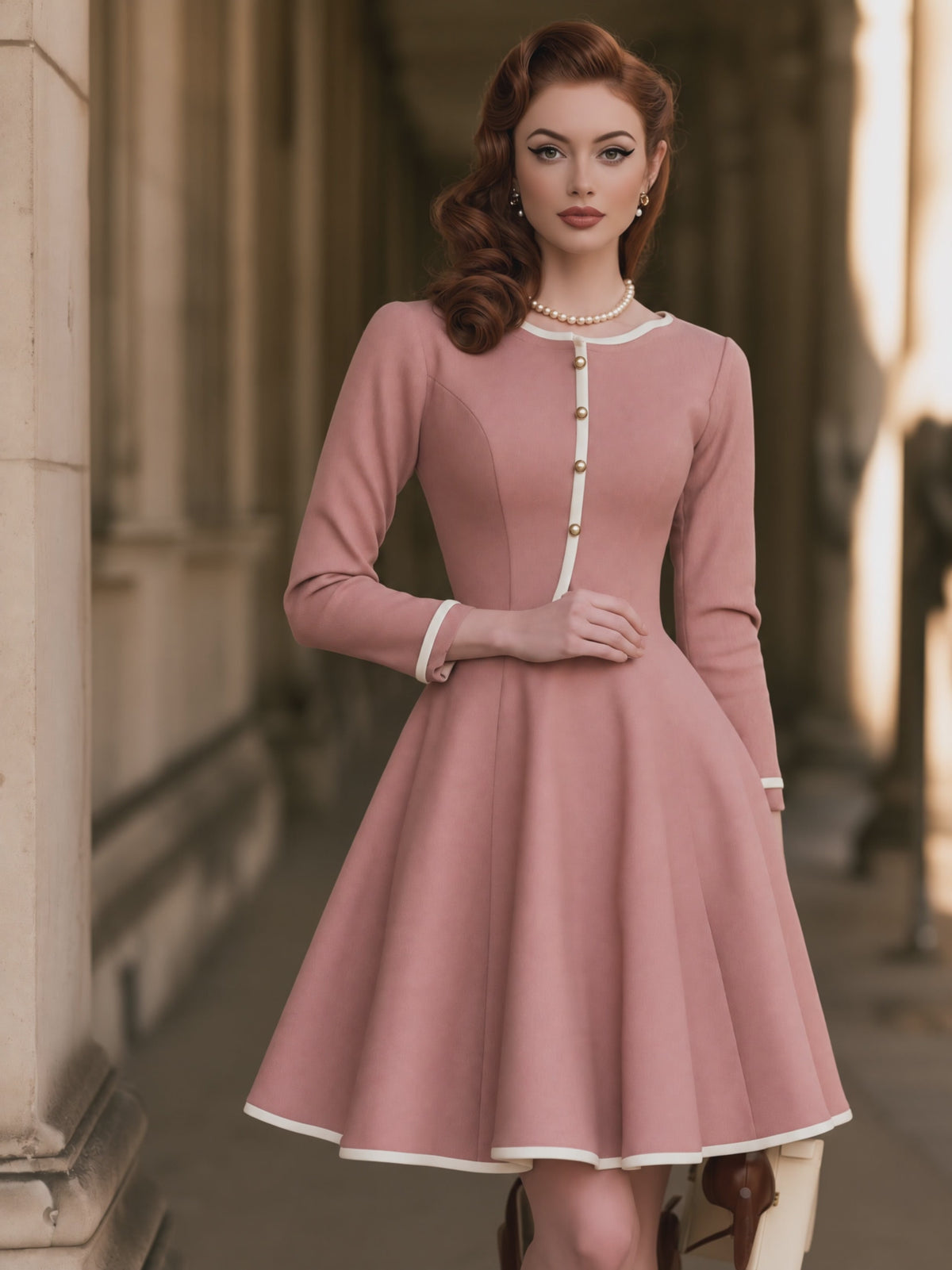 Dusty Pink Long Sleeve Fit-and-Flare Dress with White Contrast Trim and Button Placket