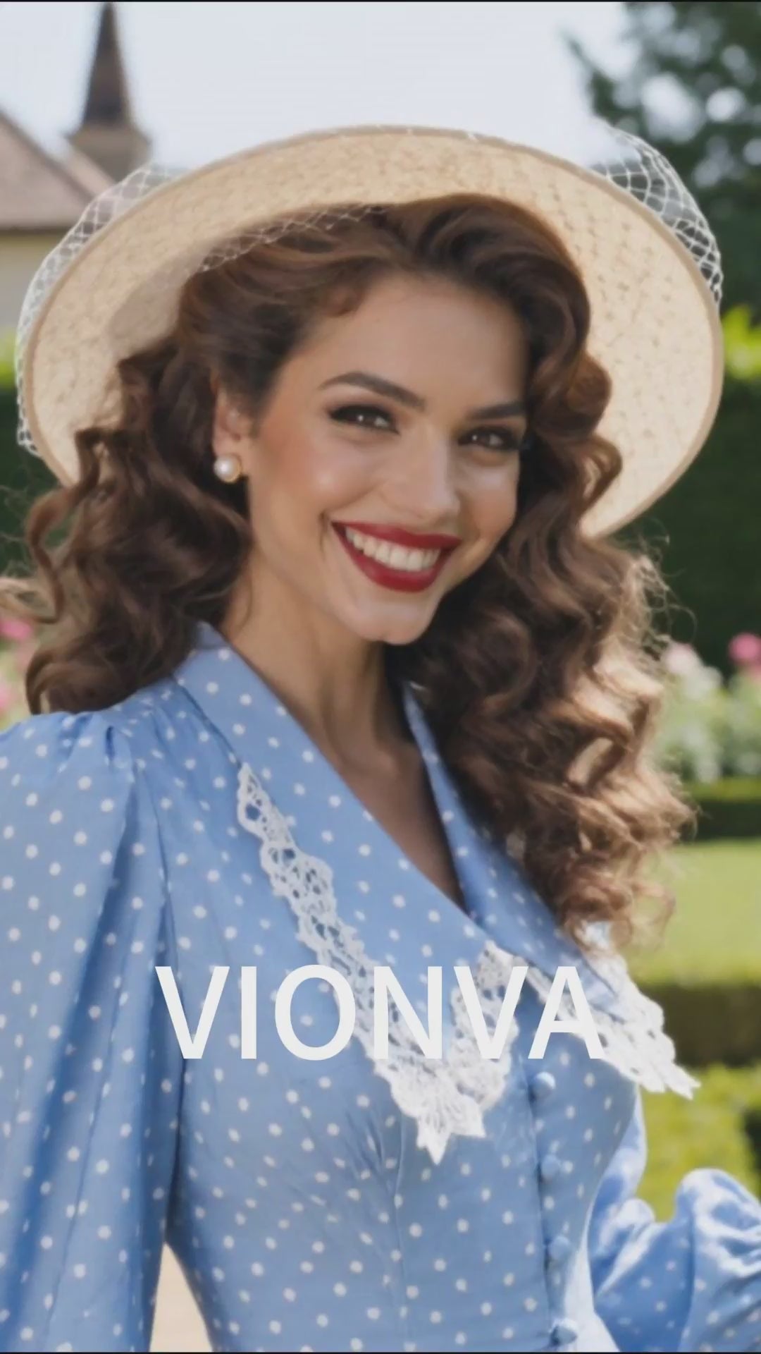 Vintage Polka Dot Lace Collar Puff Sleeve Button‑Down Midi Dress
