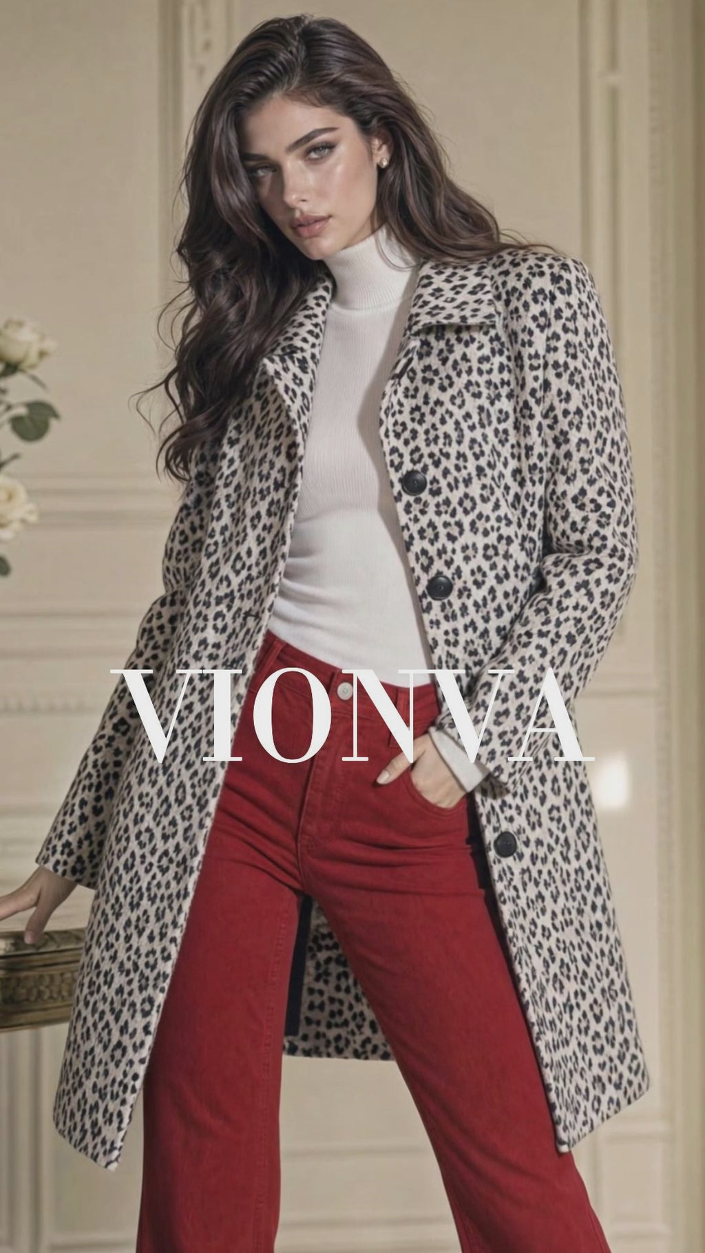 Retro Midi Leopard Print Women Wool‑Blend Coat