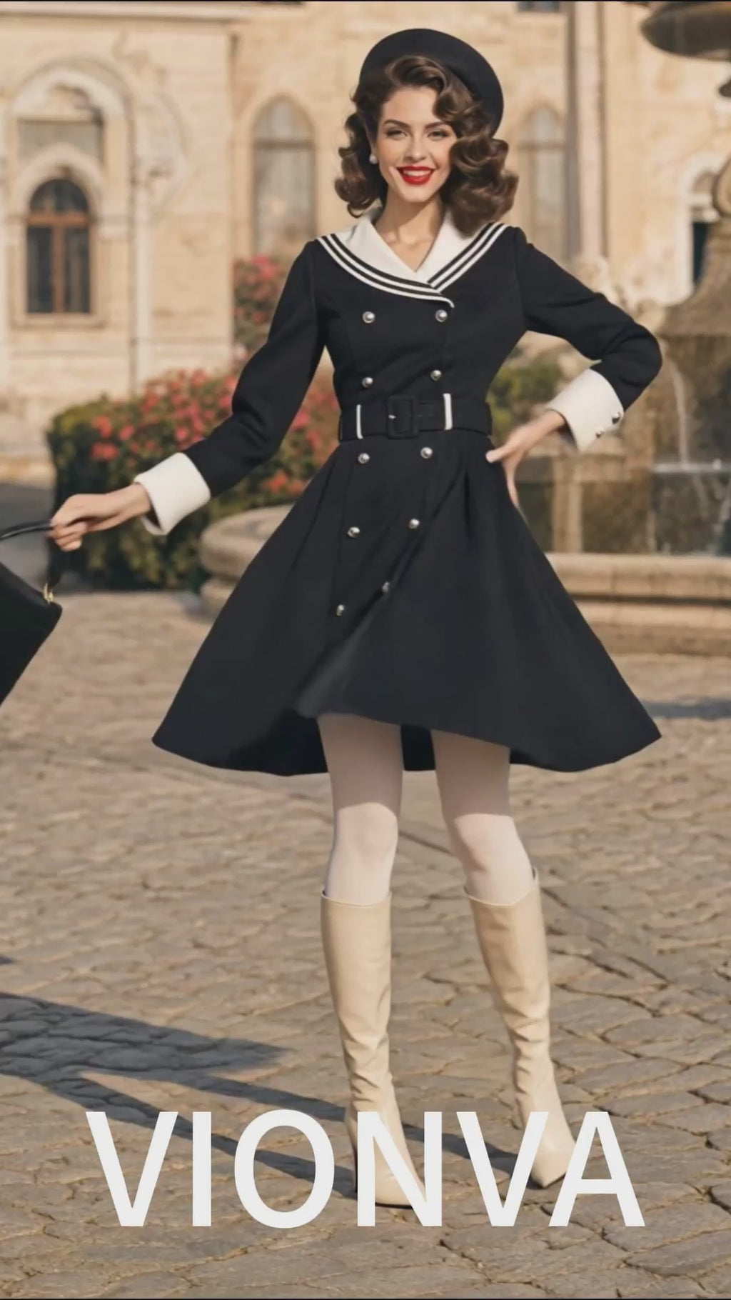 Vintage French Sailor Collar Belted Coat‑Style Midi Dress