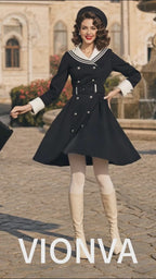 Vintage French Sailor Collar Belted Coat‑Style Midi Dress