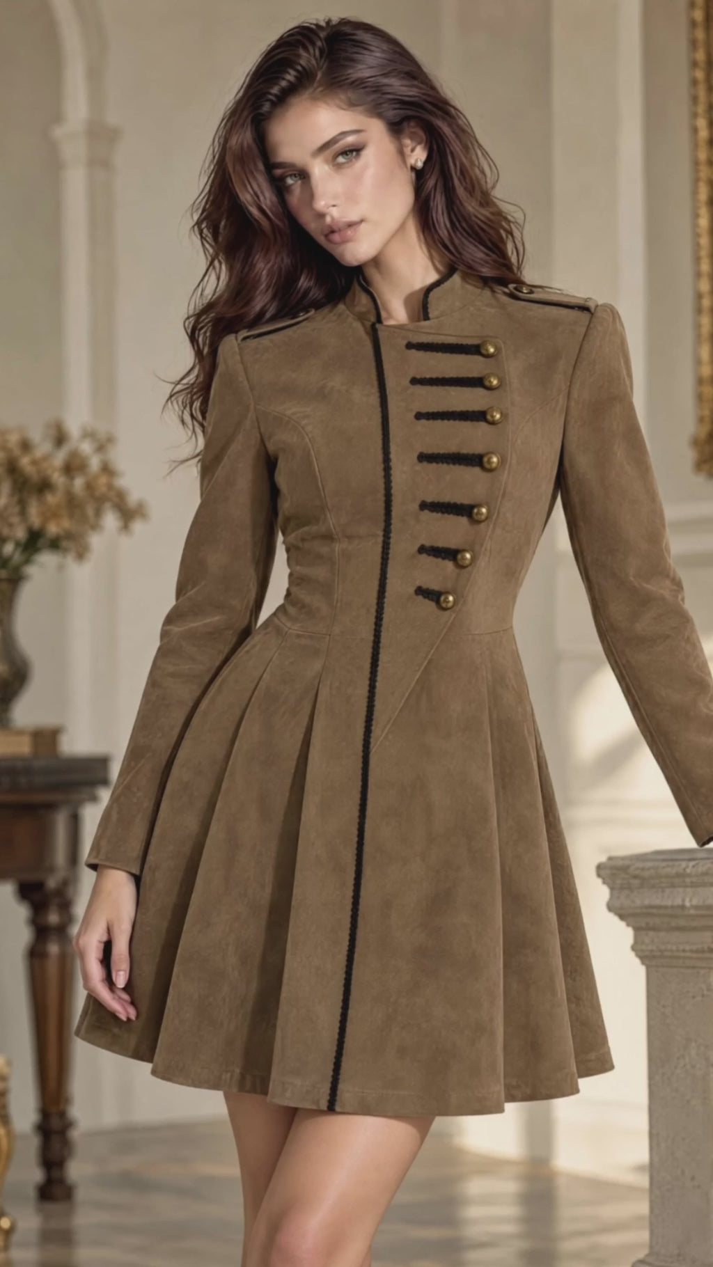 Retro Military‑Style Suede Mini Dress