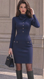 Vintage Navy Cowl Neck Button Front Bodycon Dress