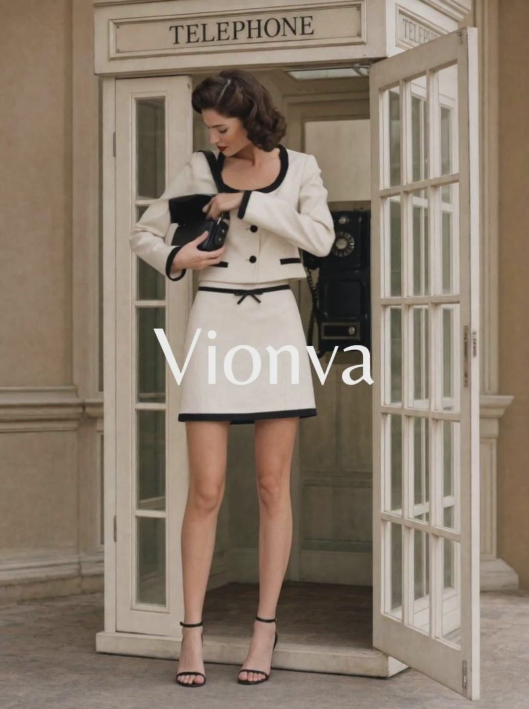 Vintage Color-Block Bow Decorated Skirt Two-Piece Set