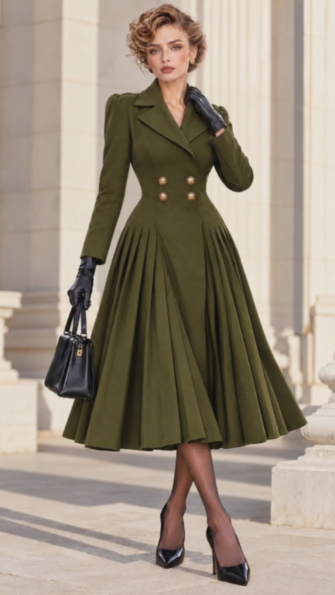 Vintage Midi Tailored Pleated Coat Dress