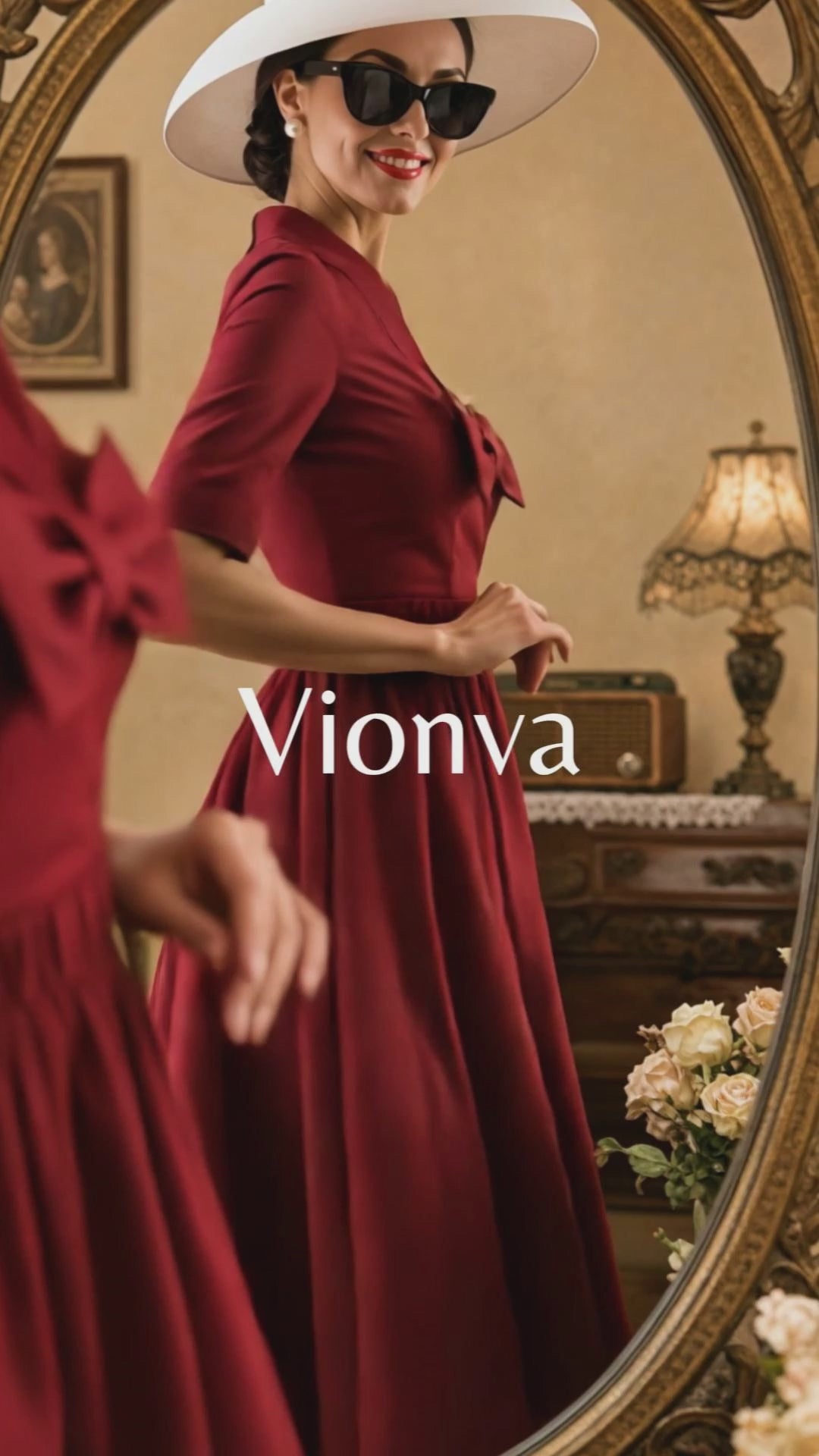 Vintage V Neck Bow Pleat Midi Dress