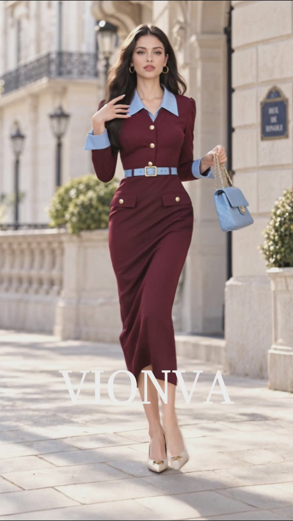 Vintage High-IQ Contrast Collar Slim-Fit Commuter Midi Dress