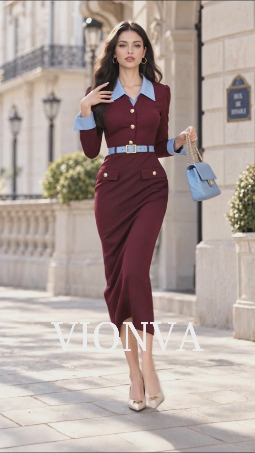 Vintage High-IQ Contrast Collar Slim-Fit Commuter Midi Dress