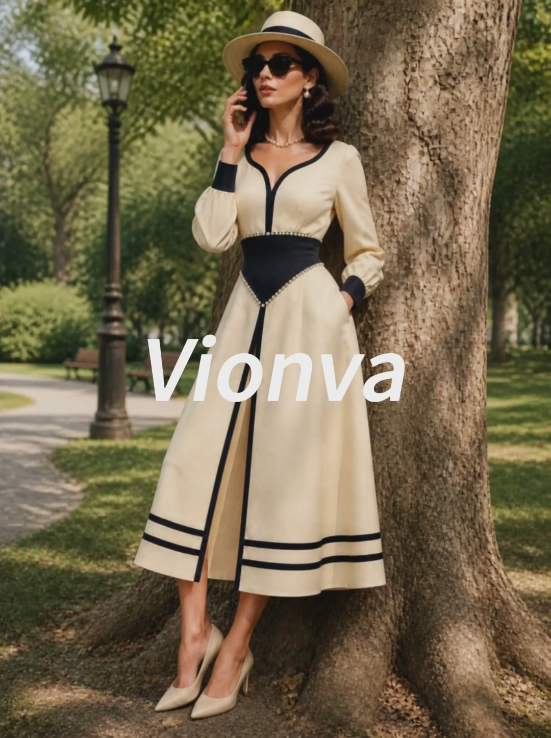 Vintage Cream Contrast Pearl-Trim A-Line Midi Dress