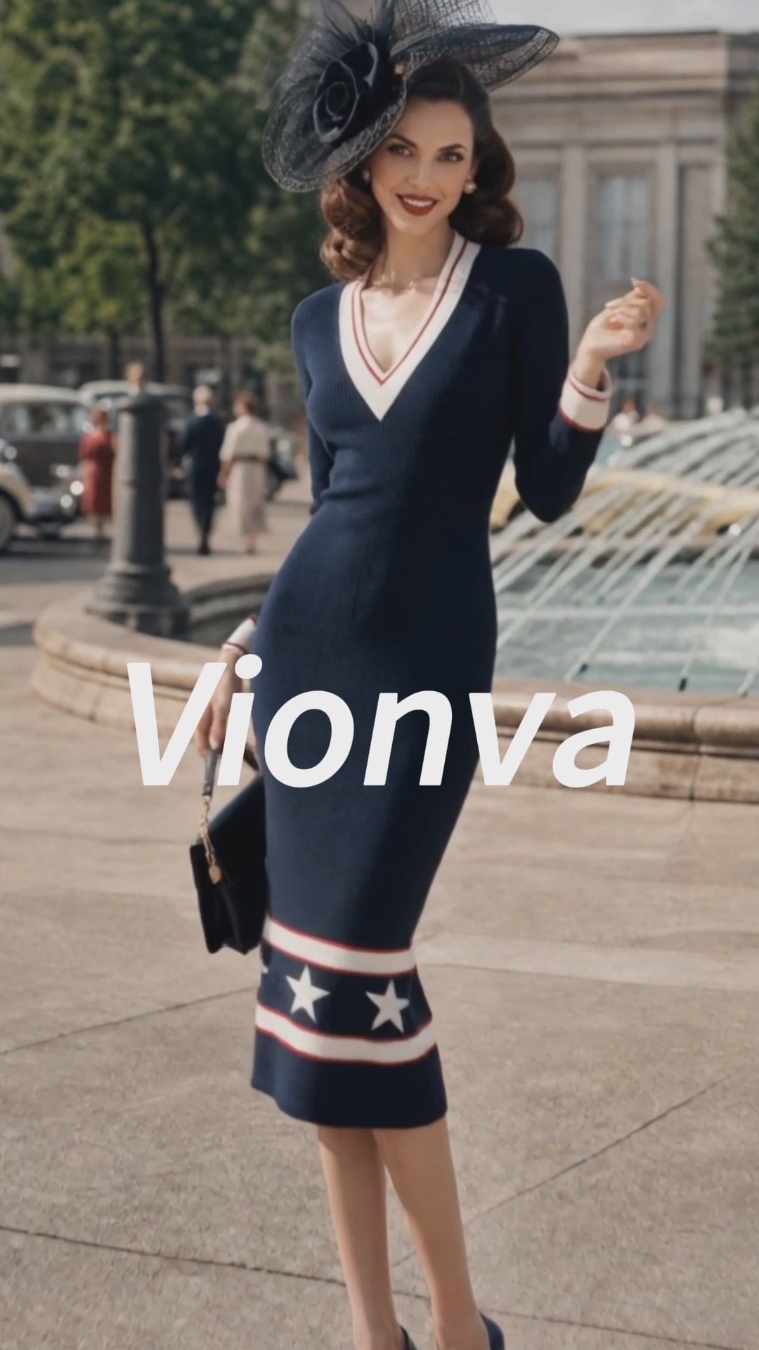 Vintage Navy Star-Stripe V-Neck Bodycon Knit Dress
