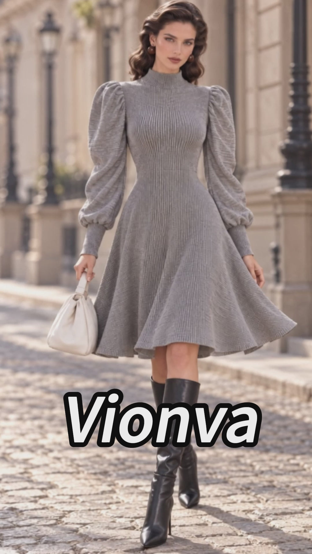 Vintage Grey Ribbed Knit Puff Sleeve Flare Dress