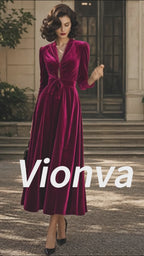 Vintage Magenta Velvet Tie-Waist Long-Sleeve A-Line Dress