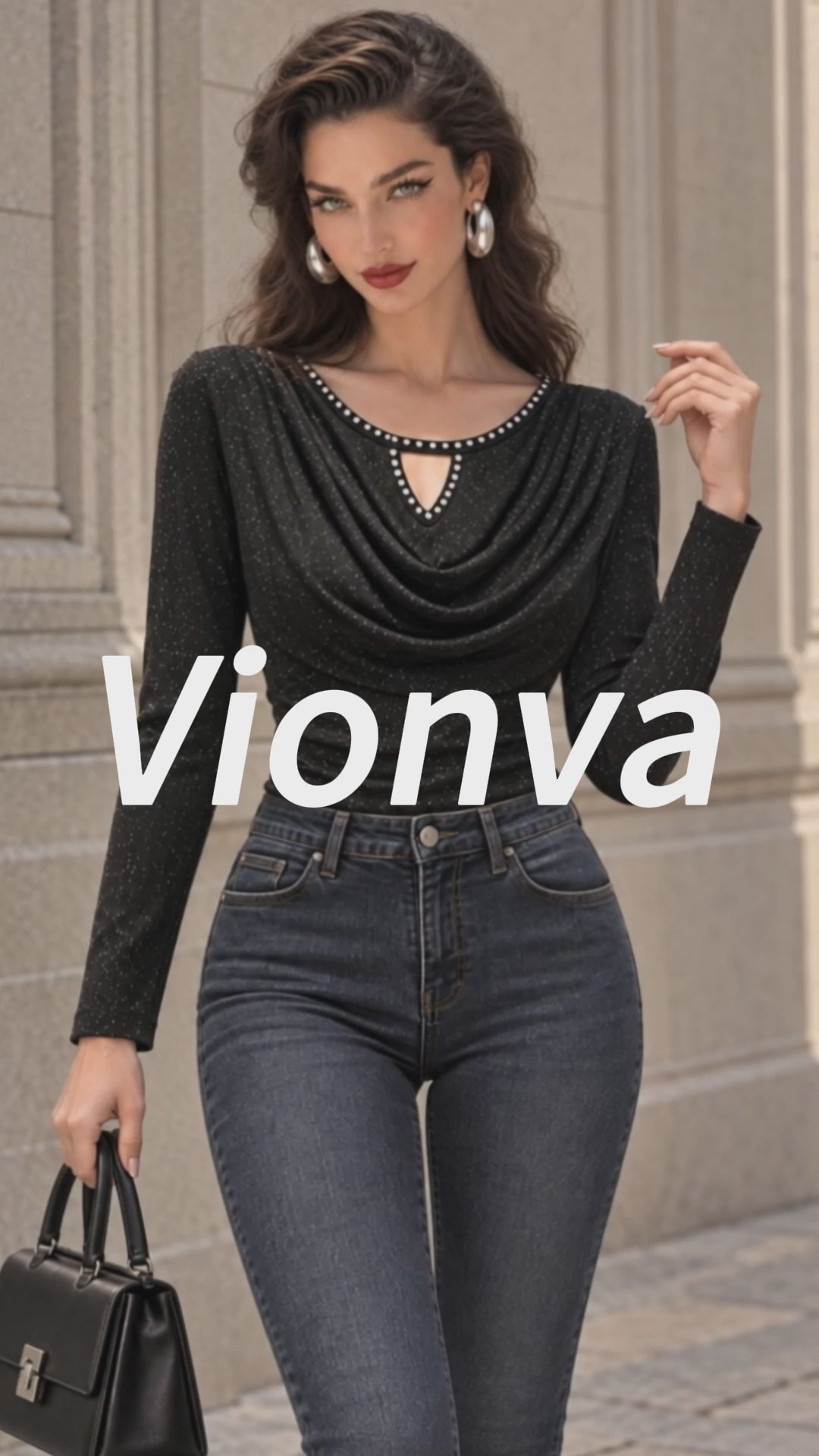 Vintage Rhinestone Keyhole Cowl-Neck Shirt