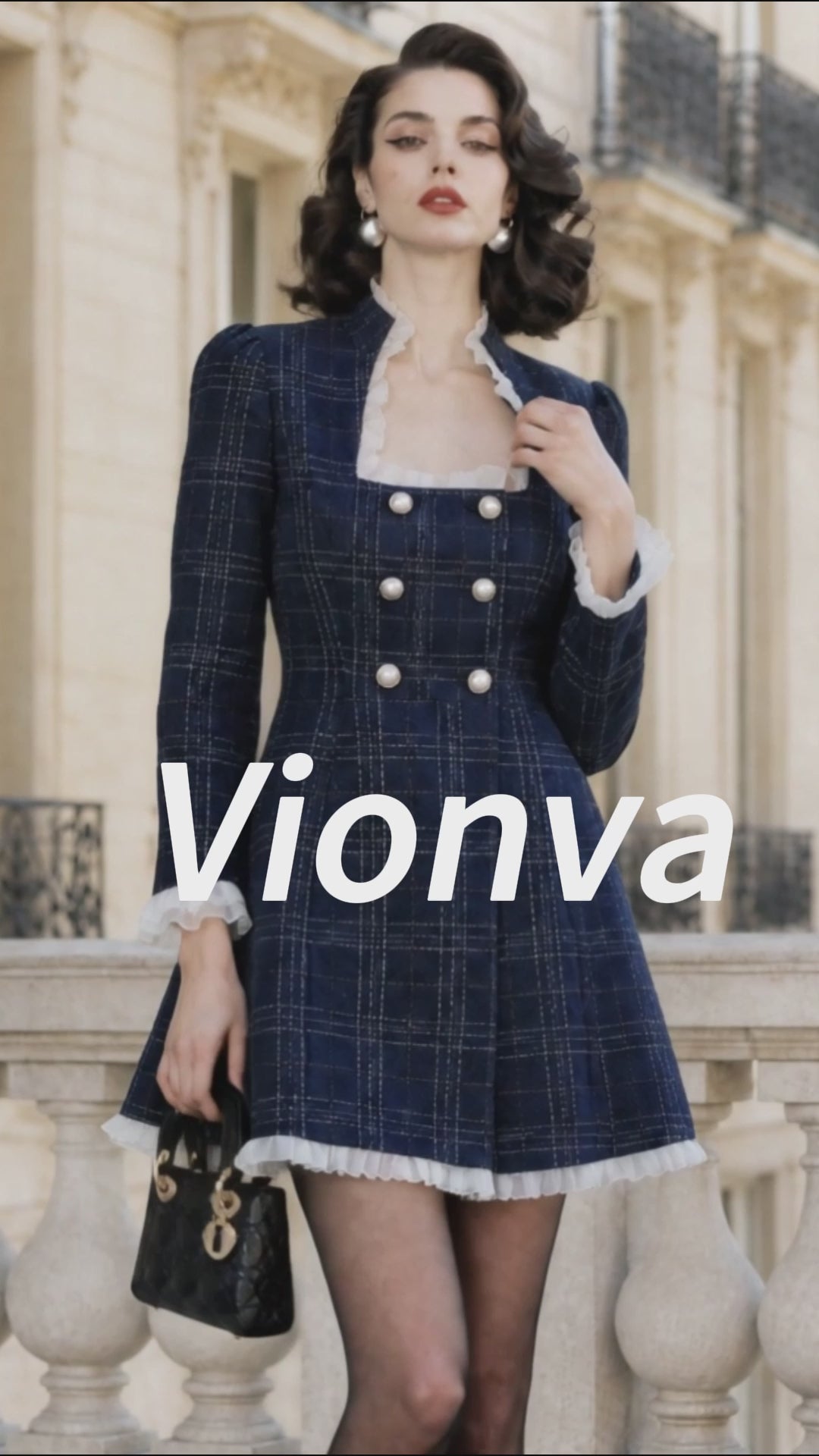 Vintage Navy Plaid Ruffle-Trim Pearl-Button Mini Dress