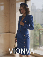 Vintage French Royal Blue V-Neck Metal Button Two-Piece Skirt Sets
