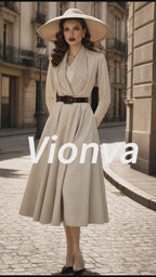 Vintage Cream Polka-Dot Belted A-Line Dress
